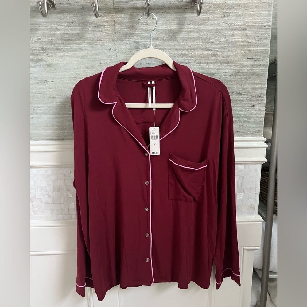 NWT new small Anthropologie briar piped pajama top long sleeve navy wine pink